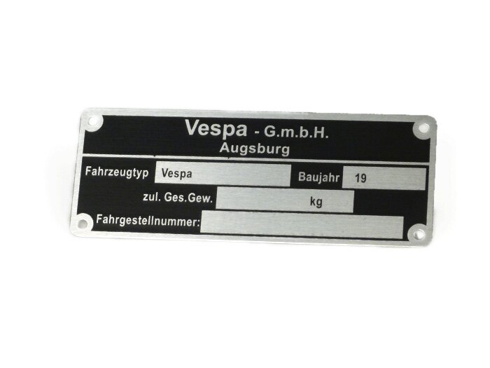 Typeplaatje -OEM KWALITEIT- Vespa GmbH Augsburg (80x30x0,5mm) - hoekig