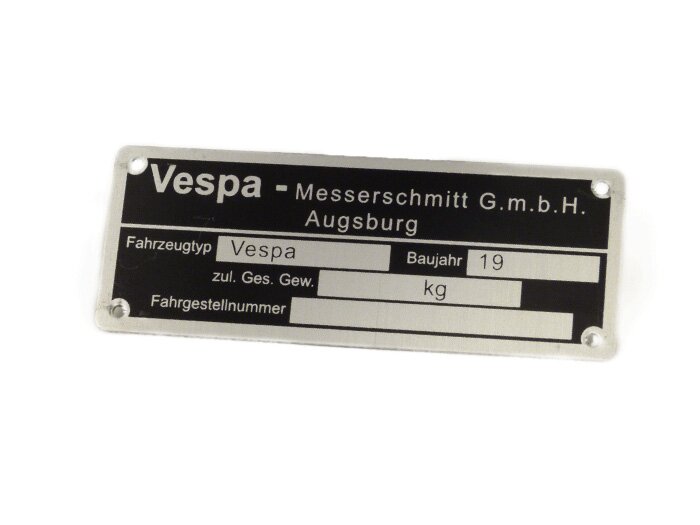 Typeplaatje -OEM KWALITEIT- Vespa Messerschmidt GmbH Augsburg (80x30x0,5mm) - hoekig