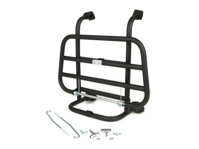 Front rack, fold down -FA ITALIA- Vespa Smallframe V50, PV125, ET3, Vespa Largeframe Rally180, Vespa Rally200, Sprint150, TS125, GT125, GTR125 - black