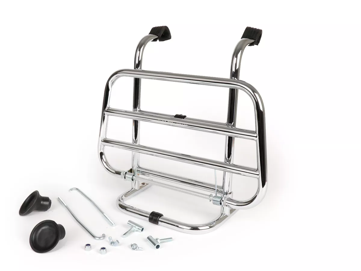 Inklapbaar bagagerek vooraan -FA ITALIA- Vespa Smallframe V50, PV125, ET3, Vespa Largeframe Rally180, Vespa Rally200, Sprint150, TS125, GT125, GTR125 - Chroom