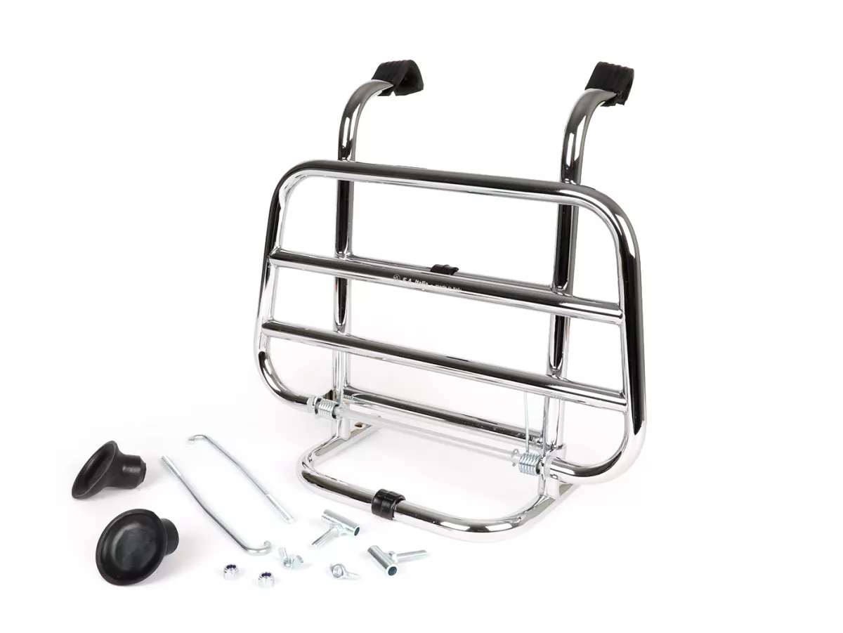 Inklapbaar bagagerek vooraan -FA ITALIA- Vespa Smallframe V50, PV125, ET3, Vespa Largeframe Rally180, Vespa Rally200, Sprint150, TS125, GT125, GTR125 - Chroom
