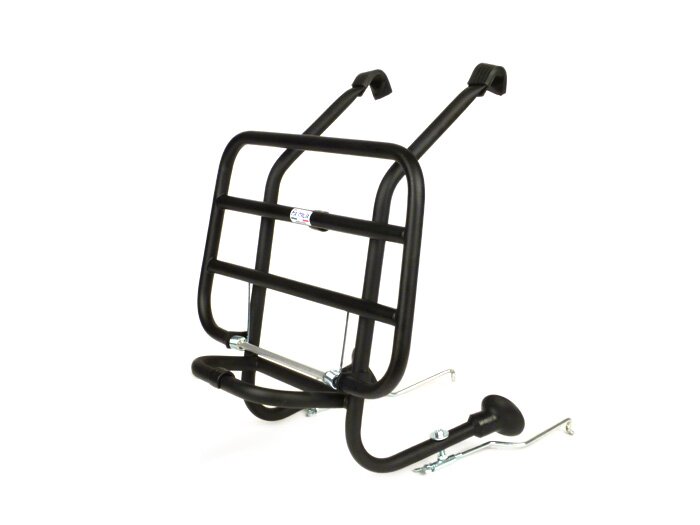 Front rack, fold down -FA ITALIA wide distance from the legshield- Vespa PX80, PX125, PX150, PX200, T5 125cc, Lambretta (series 1-3) LI, LIS, SX, TV, does not fit GP/DL  - black
