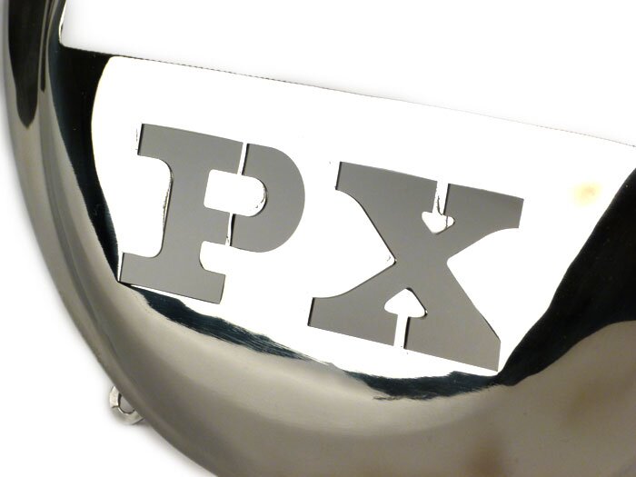 Ventilatorwieldeksel -SPAQ- Vespa PX80, PX125, PX150, PX200 - Lasercut -PX- roestvrij staal - alleen modellen kickstarter