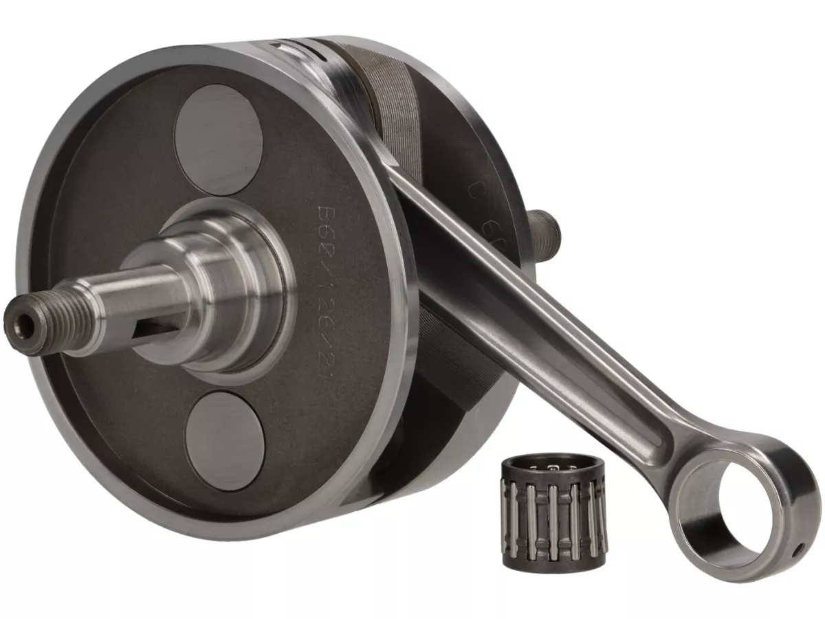 Vevaxel -BENELLI extra brett insug med roterande ventil (insugsgaffel=21mm, vevhuset måste spindlas )- 60mm slaglängd, 126mm vevstake- Vespa PX - passar Quattrini M244/VMC244