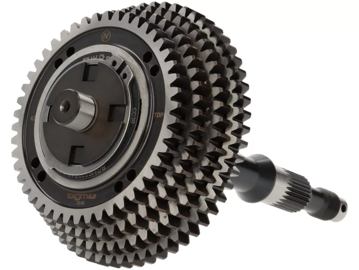 Gearbox complete (gears incl. main shaft + auxiliary shaft) -BGM PRO Sport- Vespa Smallframe, 4-speed- 58, 54, 50, 46 teeth, Vespa PK, ETS, V50 (V5A1T, 69444-), Special (V5B3T, 94315-), Elestart (V5B4T, 1514-), PV125 (VMA2T 150203-), ET3 (VMB1T, 8161) -