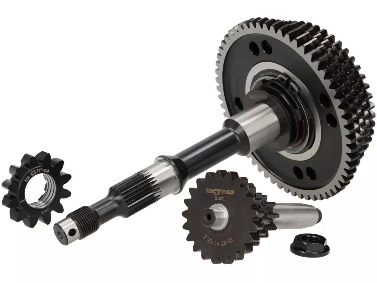 Gearbox complete (gears incl. main shaft + auxiliary shaft) -BGM PRO Touring- Vespa Smallframe, 4-speed- 58, 54, 50, 46 teeth, Vespa PK, ETS, V50 (V5A1T, 69444-), Special (V5B3T, 94315-), Elestart (V5B4T, 1514-), PV125 (VMA2T 150203-), ET3 (VMB1T, 8161) -