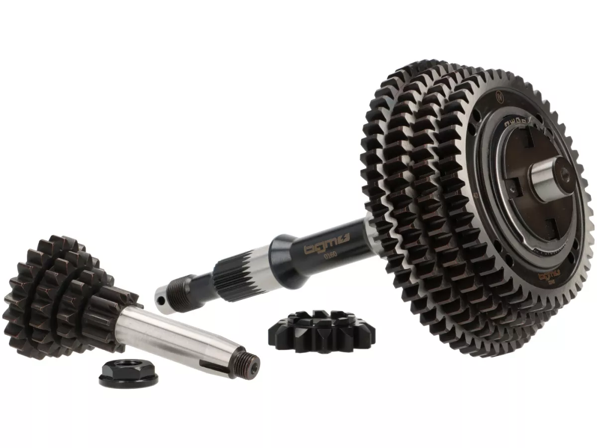 Gearbox complete (gears incl. main shaft + auxiliary shaft) -BGM PRO Touring- Vespa Smallframe, 4-speed- 58, 54, 50, 46 teeth, Vespa PK, ETS, V50 (V5A1T, 69444-), Special (V5B3T, 94315-), Elestart (V5B4T, 1514-), PV125 (VMA2T 150203-), ET3 (VMB1T, 8161) -