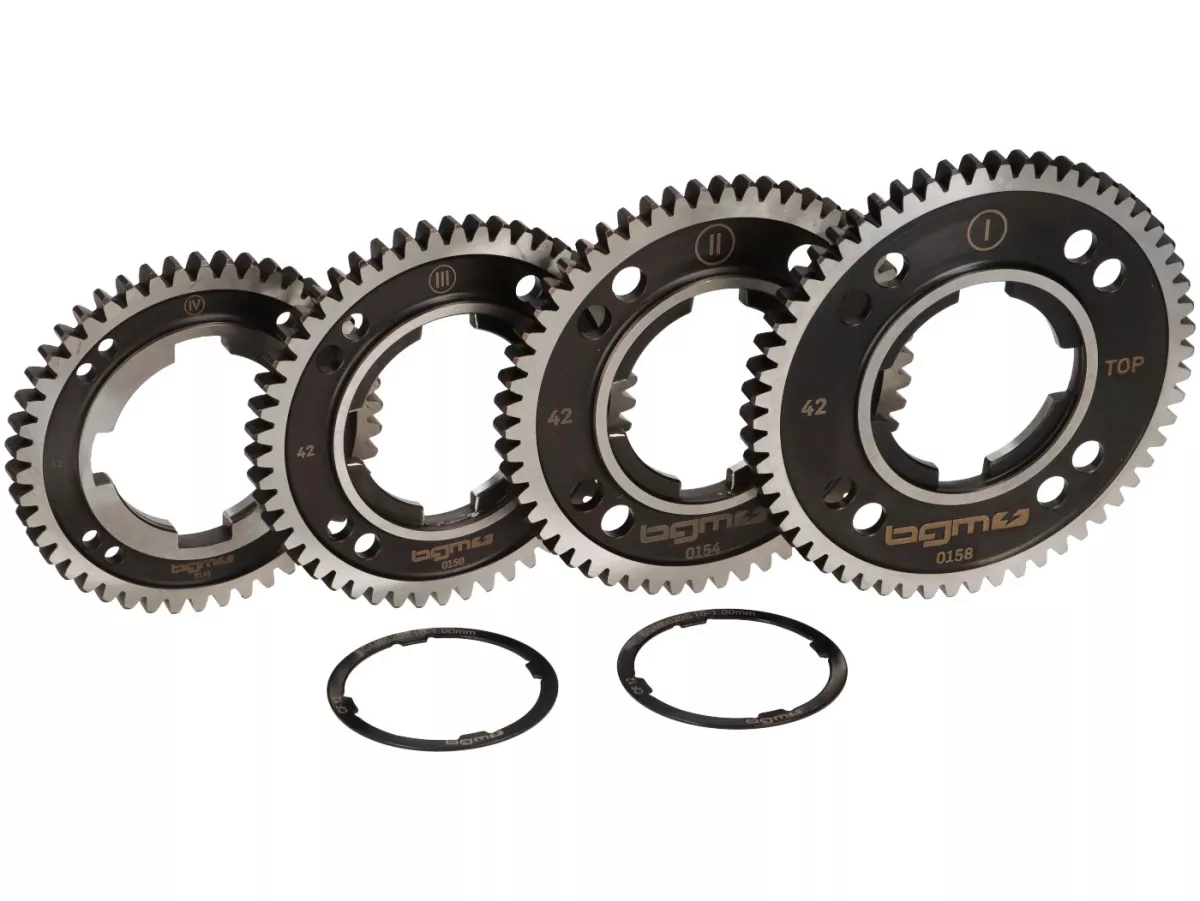 Set di ingranaggi -BGM PRO Touring- Vespa Smallframe, 4 marce - 58, 54, 50, 46 denti, Vespa PK S, PK XL1, PK XL2, ETS, V50 (V5A1T dal n. 69444), Special (V5B3T dal n. 94315), Elestart (V5B4T dal n. 1514), PV125 (VMA2T dal n. 150203), ET3 (VMB1T dal n. 816