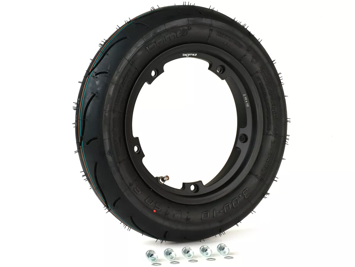 Compleet wiel (band gemonteerd op velg, rijklaar) -BGM Sport, tubeless, Vespa Smallframe V50, PK, Primavera, ET3- 3.00 - 10 inch TL 50S (versterkt) - velg 2.10-10 - zwart