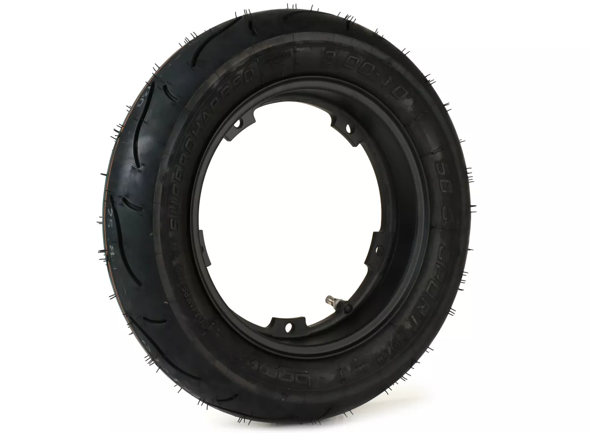 Compleet wiel (band gemonteerd op velg, rijklaar) -BGM Sport, tubeless, Vespa Smallframe V50, PK, Primavera, ET3- 3.00 - 10 inch TL 50S (versterkt) - velg 2.10-10 - zwart