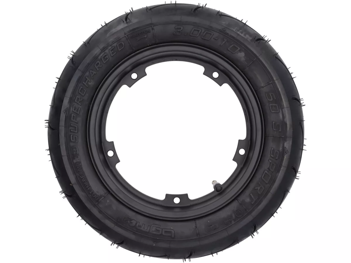 Compleet wiel (band gemonteerd op velg, rijklaar) -BGM Sport, tubeless, Vespa Smallframe V50, PK, Primavera, ET3- 3.00 - 10 inch TL 50S (versterkt) - velg 2.10-10 - zwart