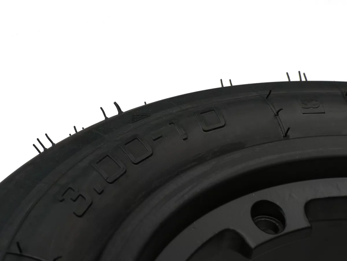 Compleet wiel (band gemonteerd op velg, rijklaar) -BGM Sport, tubeless, Vespa Smallframe V50, PK, Primavera, ET3- 3.00 - 10 inch TL 50S (versterkt) - velg 2.10-10 - zwart