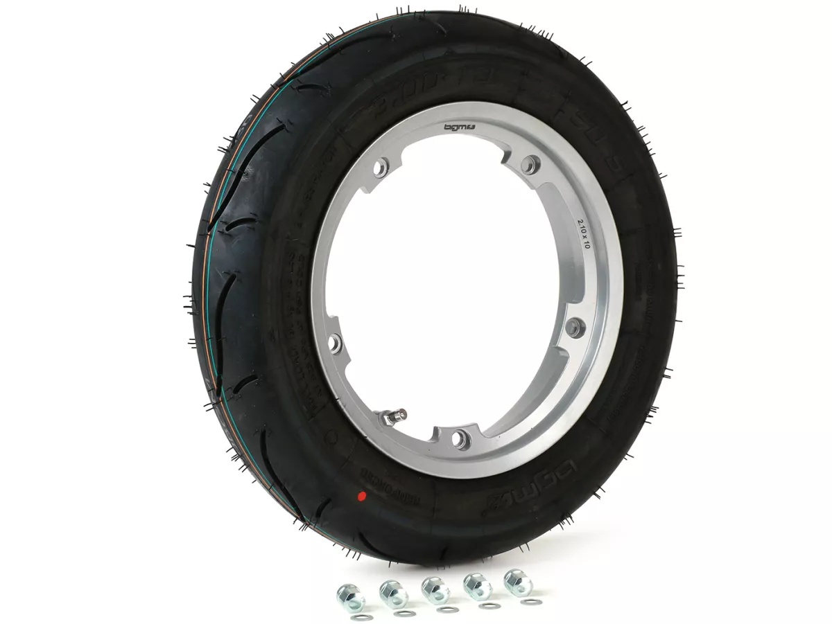 Compleet wiel (rijklaar gemonteerde band op velg) -BGM Sport, tubeless, Vespa Smallframe V50, PK, Primavera, ET3- 3.00 - 10 inch TL 50S (versterkt) - velg 2.10-10 - zilver