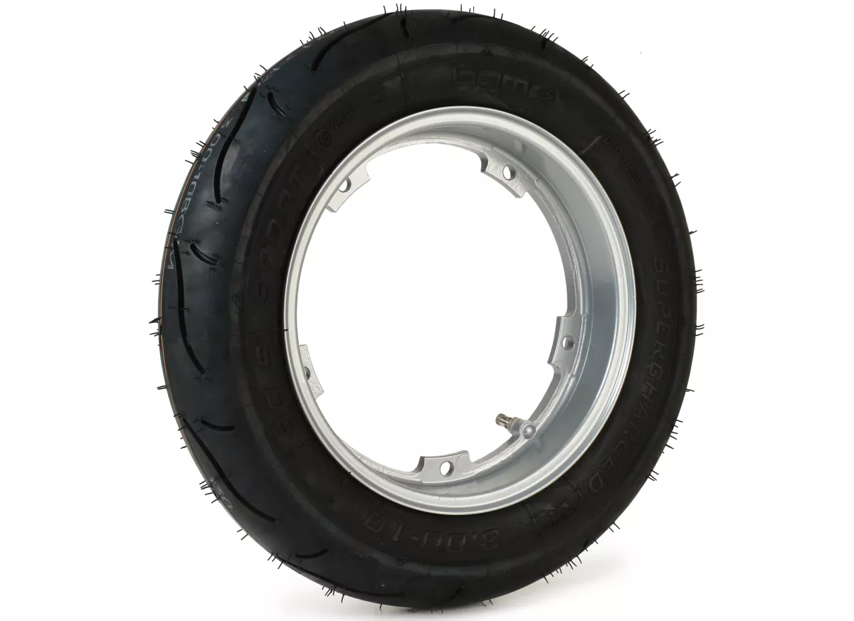 Compleet wiel (rijklaar gemonteerde band op velg) -BGM Sport, tubeless, Vespa Smallframe V50, PK, Primavera, ET3- 3.00 - 10 inch TL 50S (versterkt) - velg 2.10-10 - zilver