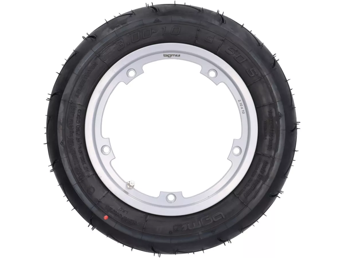 Compleet wiel (rijklaar gemonteerde band op velg) -BGM Sport, tubeless, Vespa Smallframe V50, PK, Primavera, ET3- 3.00 - 10 inch TL 50S (versterkt) - velg 2.10-10 - zilver