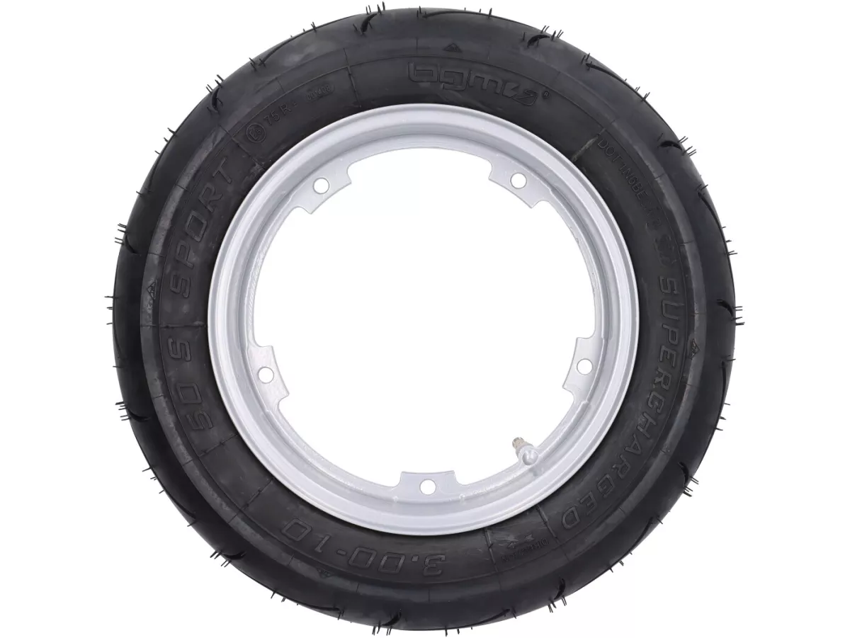 Compleet wiel (rijklaar gemonteerde band op velg) -BGM Sport, tubeless, Vespa Smallframe V50, PK, Primavera, ET3- 3.00 - 10 inch TL 50S (versterkt) - velg 2.10-10 - zilver