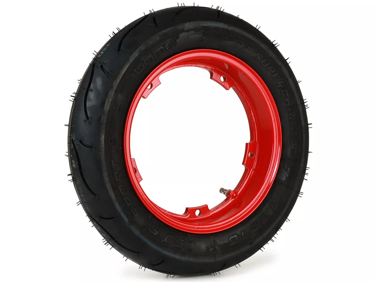 Compleet wiel (rijklaar gemonteerde band op velg) -BGM Sport, tubeless, Vespa Smallframe V50, PK, Primavera, ET3- 3.00 - 10 inch TL 50S (versterkt) - velg 2.10-10 - rood