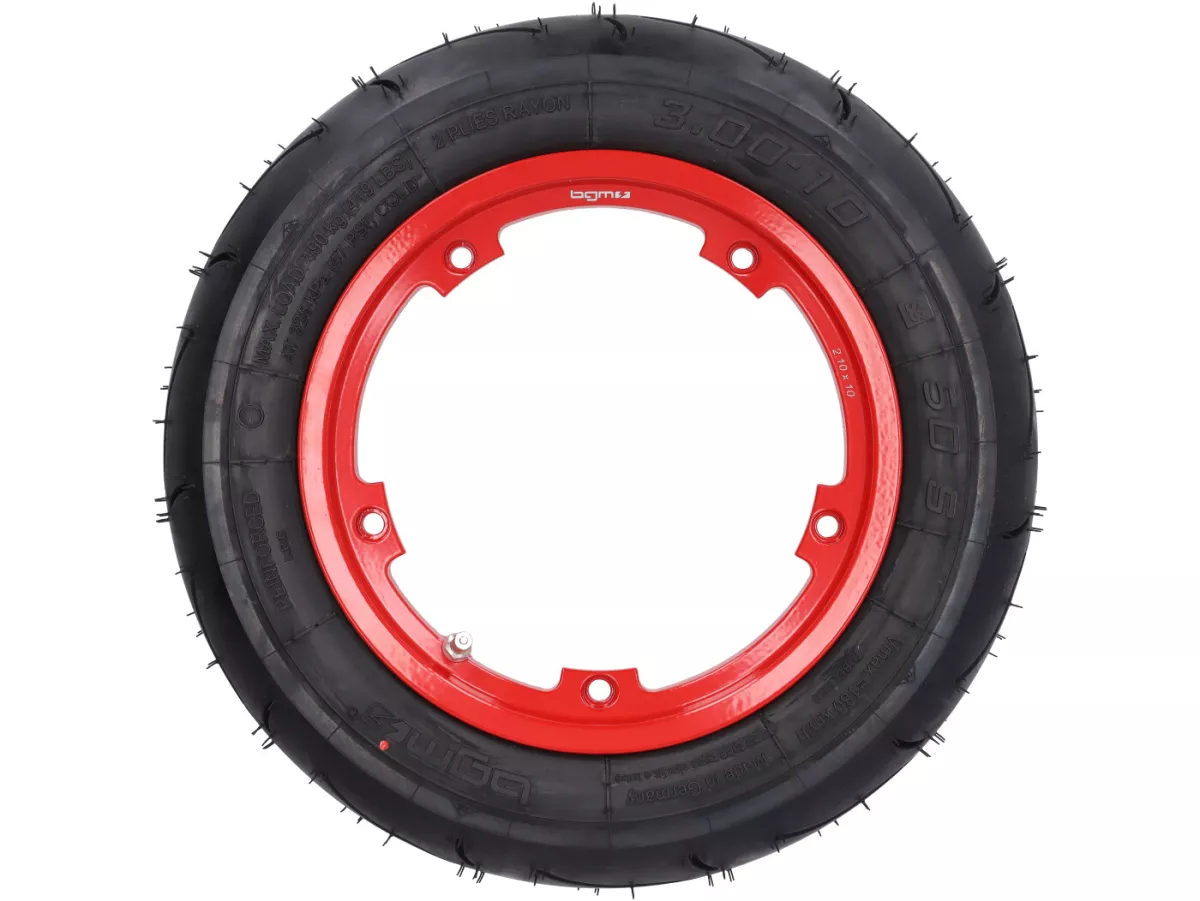 Compleet wiel (rijklaar gemonteerde band op velg) -BGM Sport, tubeless, Vespa Smallframe V50, PK, Primavera, ET3- 3.00 - 10 inch TL 50S (versterkt) - velg 2.10-10 - rood