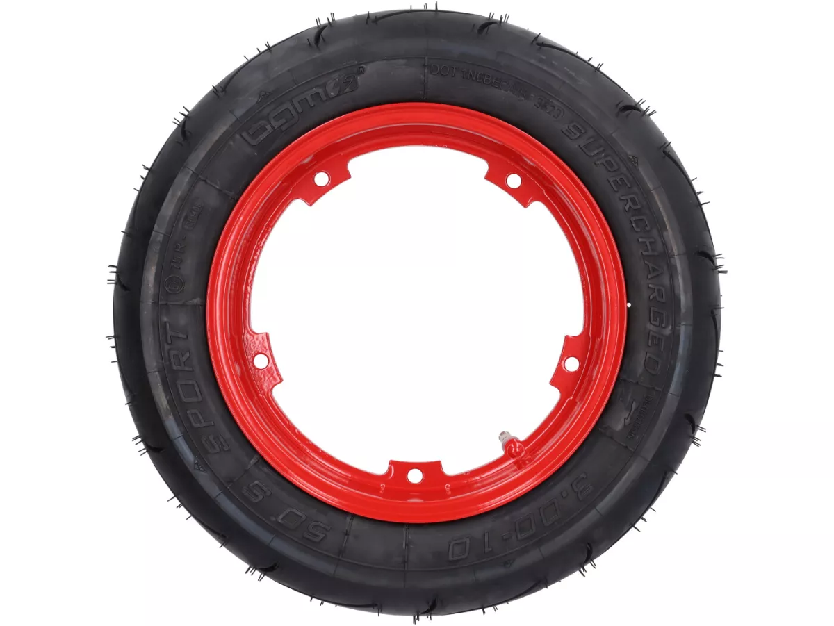 Compleet wiel (rijklaar gemonteerde band op velg) -BGM Sport, tubeless, Vespa Smallframe V50, PK, Primavera, ET3- 3.00 - 10 inch TL 50S (versterkt) - velg 2.10-10 - rood