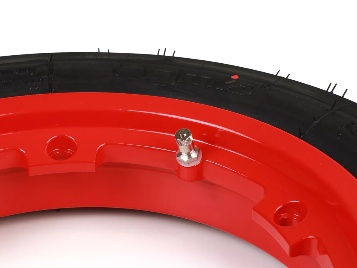Compleet wiel (rijklaar gemonteerde band op velg) -BGM Sport, tubeless, Vespa Smallframe V50, PK, Primavera, ET3- 3.00 - 10 inch TL 50S (versterkt) - velg 2.10-10 - rood