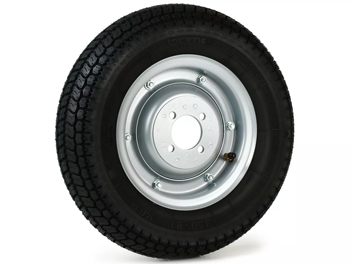 Roda lengkap -BGM Classic, Vespa Largeframe, Wideframe, V1-15, V30-33, VU, VM, VN, VNA, VNB, VB, VBA, VBB, Hoffmann, ACMA, - 3,50 - 8 inci (4PR) TT 46P 150 km/jam (bertulang) - Pelek baja, dicat 2,15 - 8 - Abu-abu