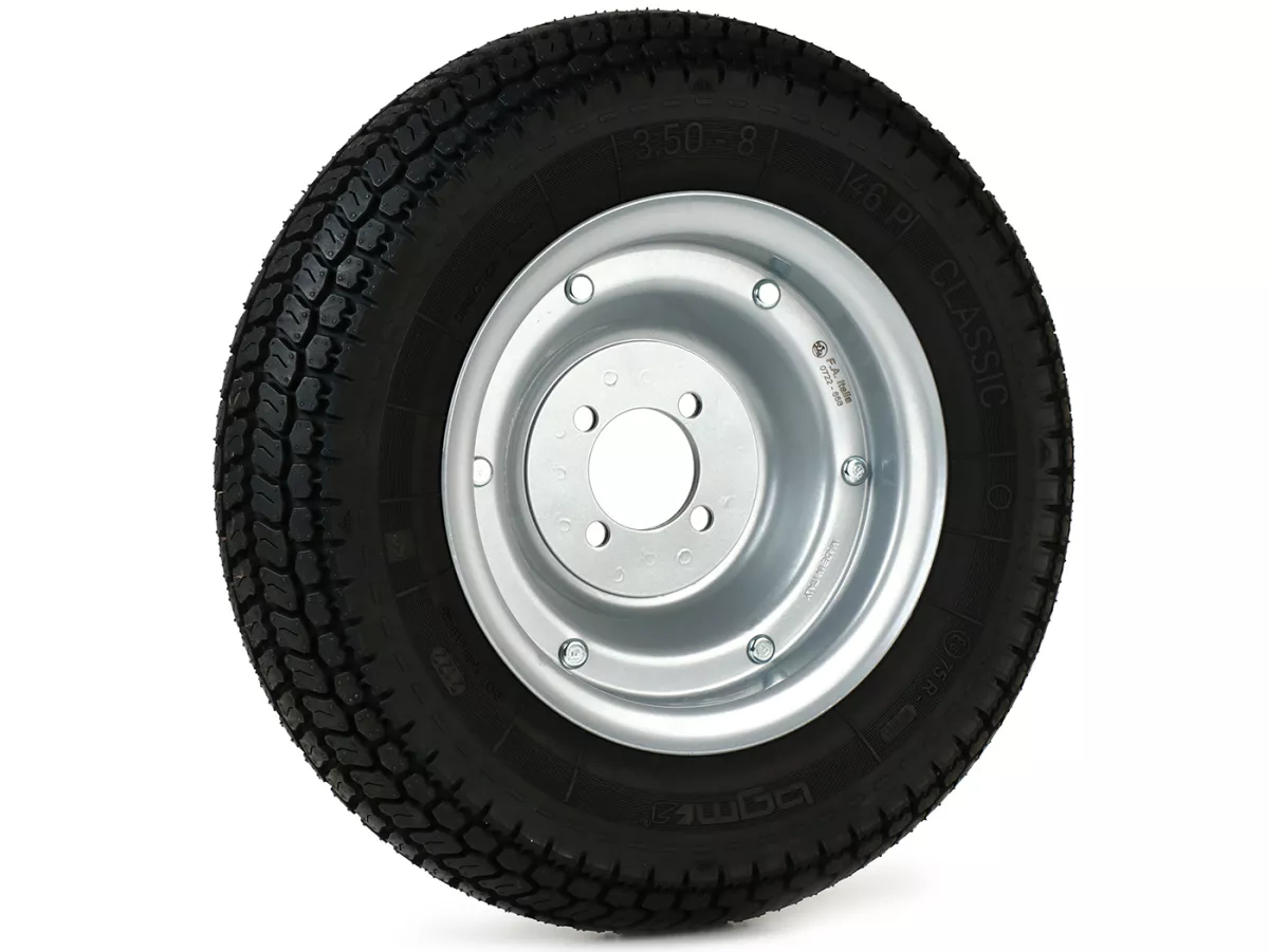 Roda lengkap -BGM Classic, Vespa Largeframe, Wideframe, V1-15, V30-33, VU, VM, VN, VNA, VNB, VB, VBA, VBB, Hoffmann, ACMA, - 3,50 - 8 inci (4PR) TT 46P 150 km/jam (bertulang) - Pelek baja, dicat 2,15 - 8 - Abu-abu