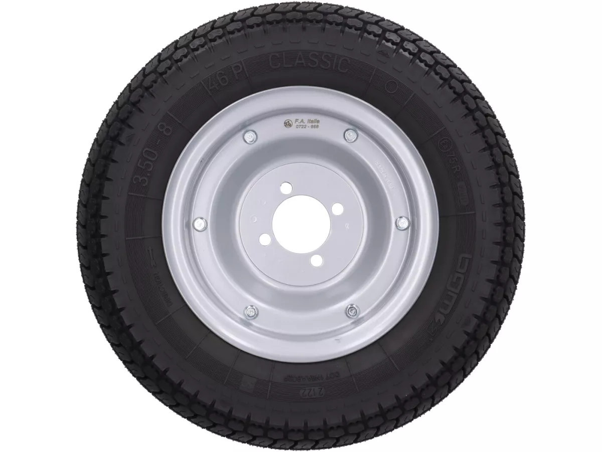 Roda lengkap -BGM Classic, Vespa Largeframe, Wideframe, V1-15, V30-33, VU, VM, VN, VNA, VNB, VB, VBA, VBB, Hoffmann, ACMA, - 3,50 - 8 inci (4PR) TT 46P 150 km/jam (bertulang) - Pelek baja, dicat 2,15 - 8 - Abu-abu