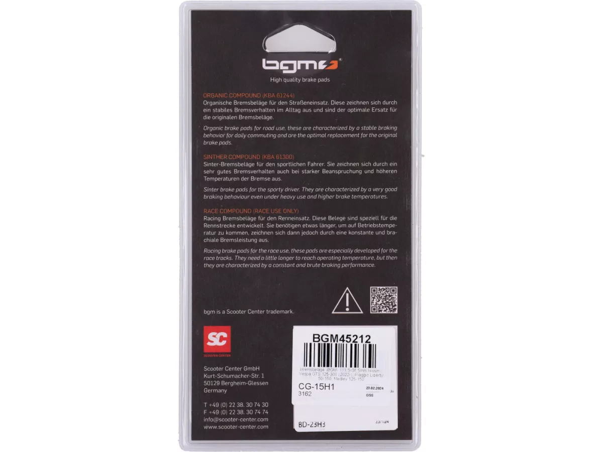 Brake pads -BGM- 111,5x36,5mm Nissin - Vespa GTS 125-300 (2022-), Piaggio Liberty 50-150, Medley 125-150