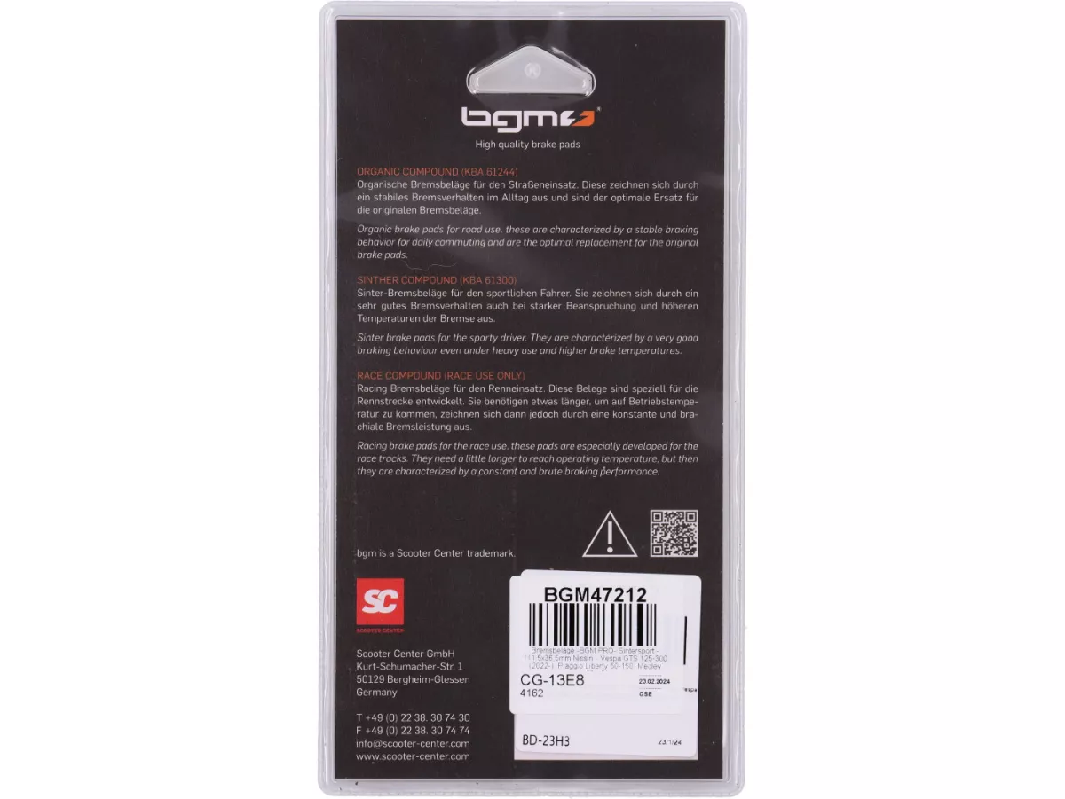 Pastillas de freno -BGM PRO- Sintersport - 111,5x36,5mm Nissin - Vespa GTS 125-310 (2023-), Piaggio Liberty 50-150, Medley 125-150
