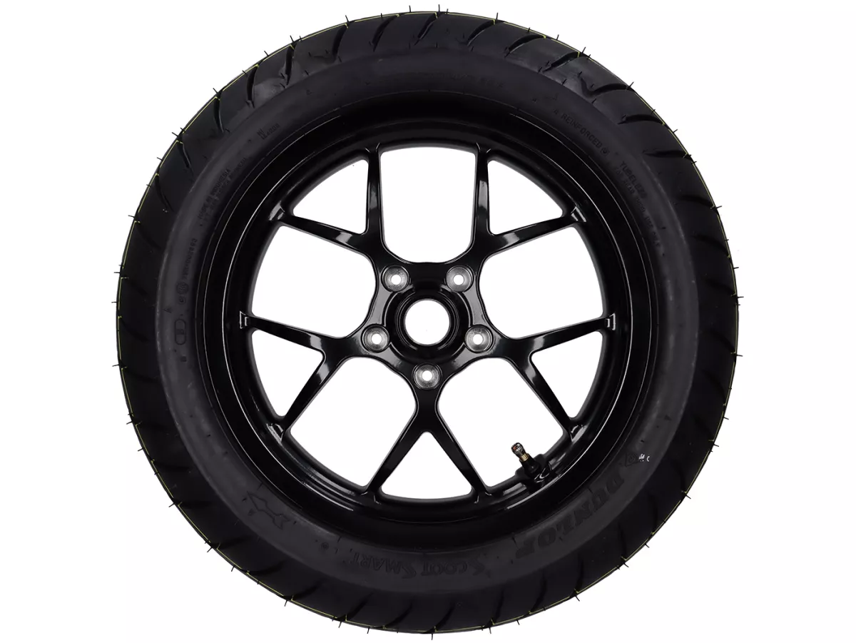 Komplett bakhjul -BGM PRO SPORT 13 tum- DUNLOP ScootSmart 2 130/70-13 - Vespa GTS, GTS Super, GTV, Sei Giorni, GT 60, GT, GT L 125-310cc - glänsande svart