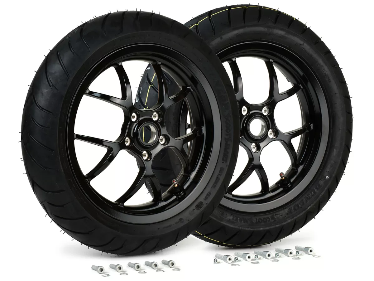 Komplett hjulsats (fram + bak inkl. monteringssats) -BGM PRO SPORT 13 tum- DUNLOP ScootSmart 120/70-13 + 130/70-13 - Vespa GTS, GTS Super, GTV, Sei Giorni, GT 60, GT, GT L 125-310ccm - blank svart