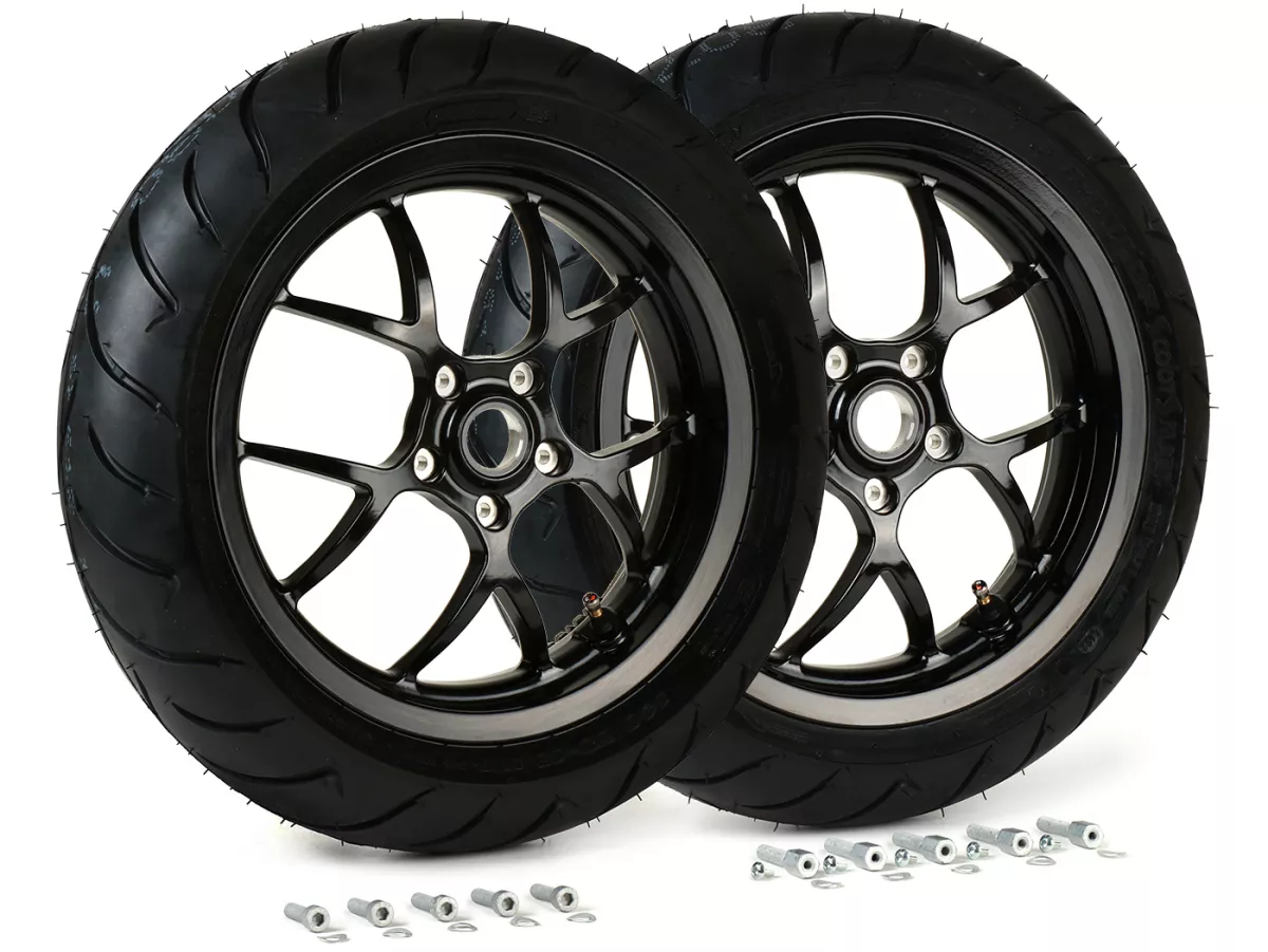 Complete wielset (voor+achter incl. montageset) -BGM PRO SPORT 13 inch- DUNLOP ScootSmart 130+140/60-13 - Vespa GTS, GTS Super, GTV, Sei Giorni, GT 60, GT, GT L 125-310ccm - glanzend zwart