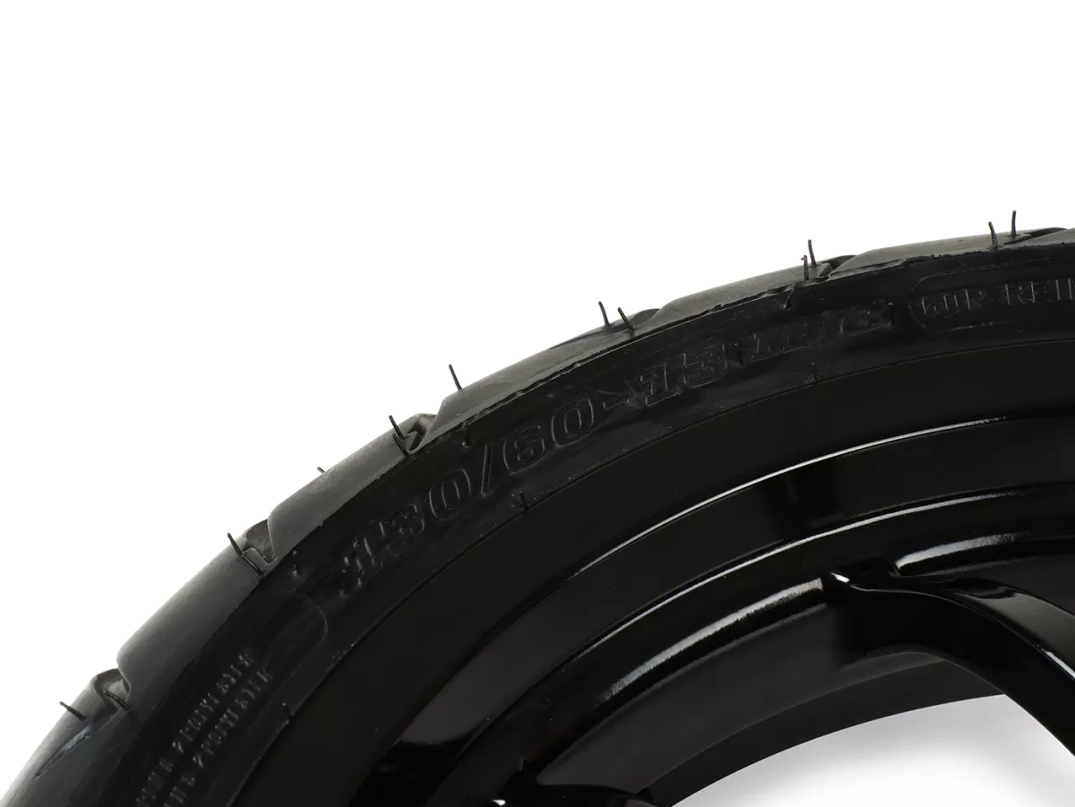 Complete wielset (voor+achter incl. montageset) -BGM PRO SPORT 13 inch- DUNLOP ScootSmart 130+140/60-13 - Vespa GTS, GTS Super, GTV, Sei Giorni, GT 60, GT, GT L 125-310ccm - glanzend zwart