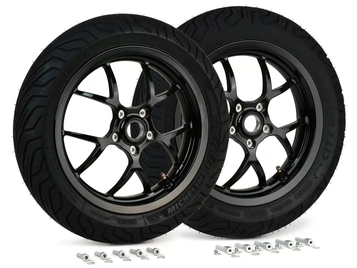 Juego completo de ruedas (delantera+trasera incl. juego de montaje) -BGM PRO SPORT 13 pulgadas- MICHELIN City Grip 2 120/70-13 + 130/70-13 - Vespa GTS, GTS Super, GTV, Sei Giorni, GT 60, GT, GT L 125-310ccm - negro brillante