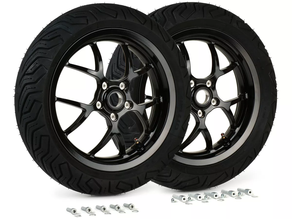 Komplett hjulsats (fram+bak inkl. monteringssats) -BGM PRO SPORT 13 tum- MICHELIN City Grip 2 130+140/60-13 - Vespa GTS, GTS Super, GTV, Sei Giorni, GT 60, GT, GT L 125-310ccm - blank svart