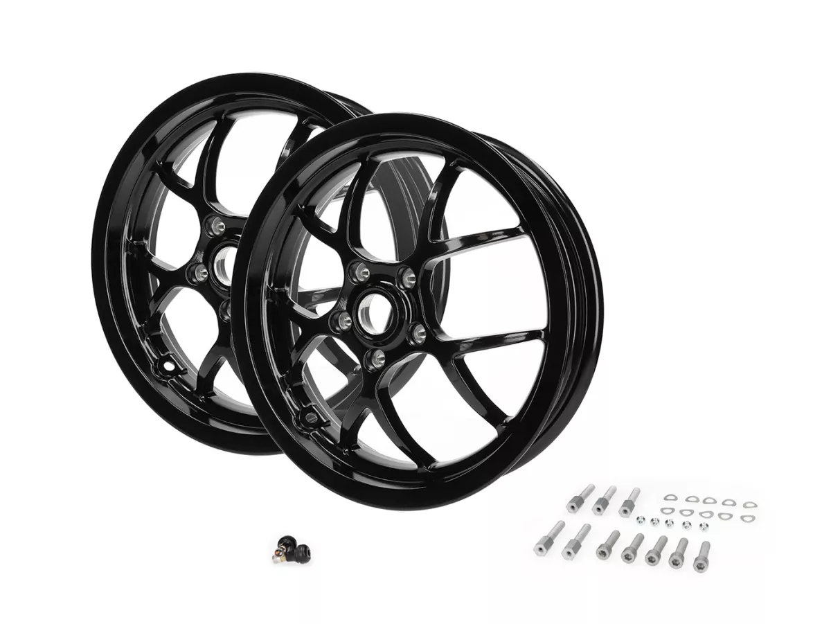 Wielset (voor+achter incl. montagesets) -BGM PRO SPORT - 3.00-13 inch - Vespa GTS, GTS Super, GTV, Sei Giorni, GT 60, GT, GT L 125-300cc - glanzend zwart