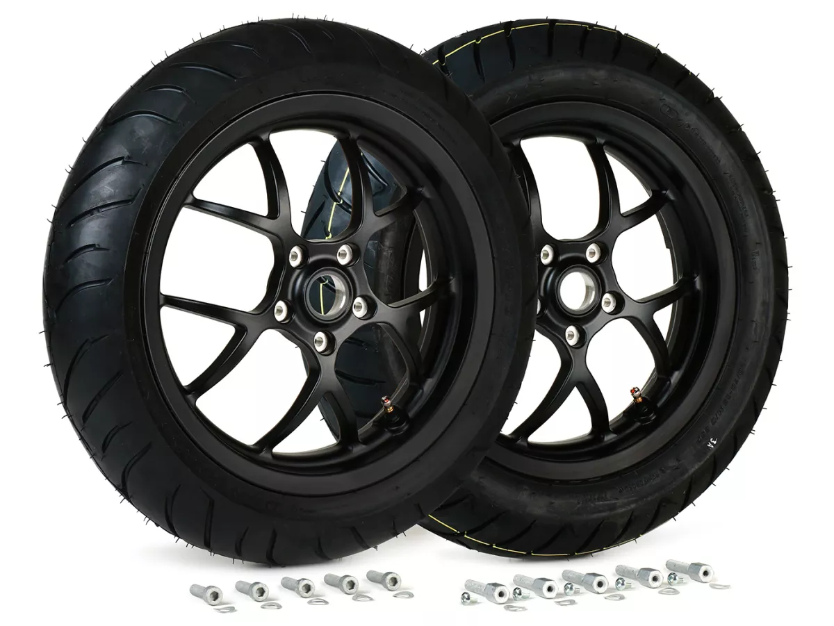 Complete wielset (voor+achter incl. montageset) -BGM PRO SPORT 13 inch- DUNLOP ScootSmart 120/70-13 + 130/70-13 - Vespa GTS, GTS Super, GTV, Sei Giorni, GT 60, GT, GT L 125-310cc - mat zwart
