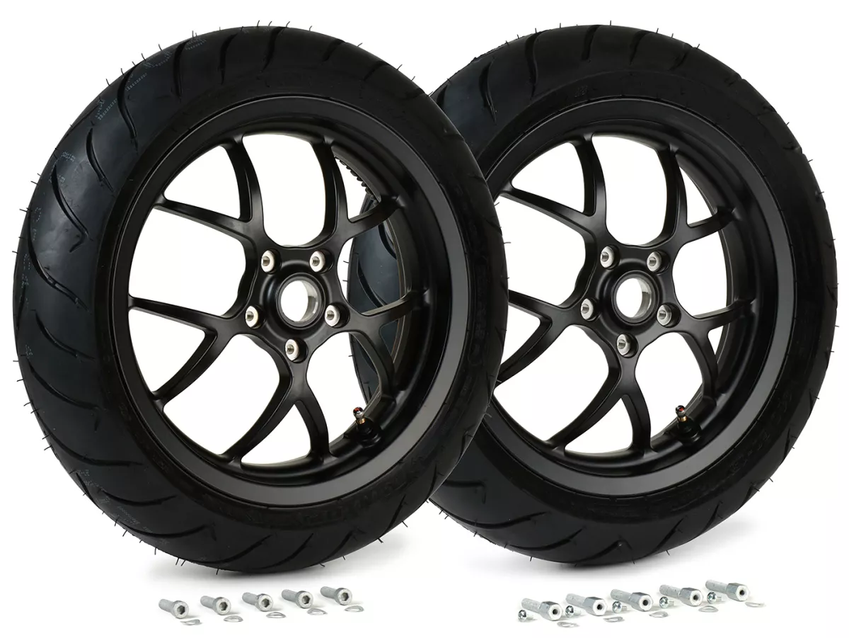 Juego completo de ruedas (delantera+trasera incl. juego de montaje) -BGM PRO SPORT 13 pulgadas- DUNLOP ScootSmart 130+140/60-13 - Vespa GTS, GTS Super, GTV, Sei Giorni, GT 60, GT, GT L 125-310ccm - negro mate