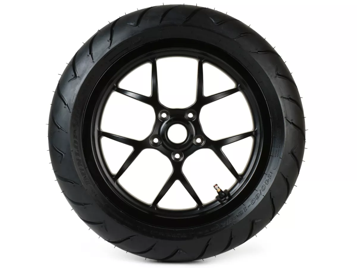 Juego completo de ruedas (delantera+trasera incl. juego de montaje) -BGM PRO SPORT 13 pulgadas- DUNLOP ScootSmart 130+140/60-13 - Vespa GTS, GTS Super, GTV, Sei Giorni, GT 60, GT, GT L 125-310ccm - negro mate