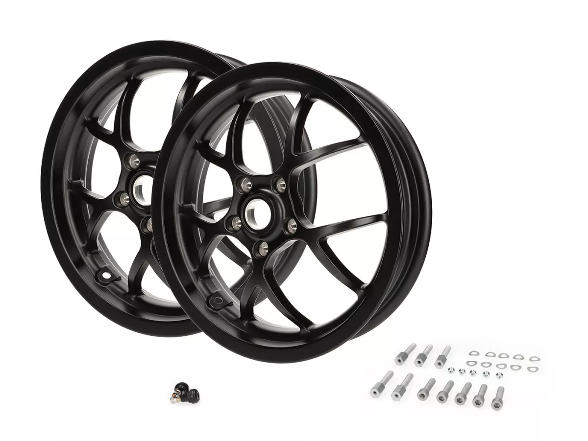 Wielset (voor+achter incl. montagesets) -BGM PRO SPORT - 3.00-13 inch - Vespa GTS, GTS Super, GTV, Sei Giorni, GT 60, GT, GT L 125-310cc - matzwart