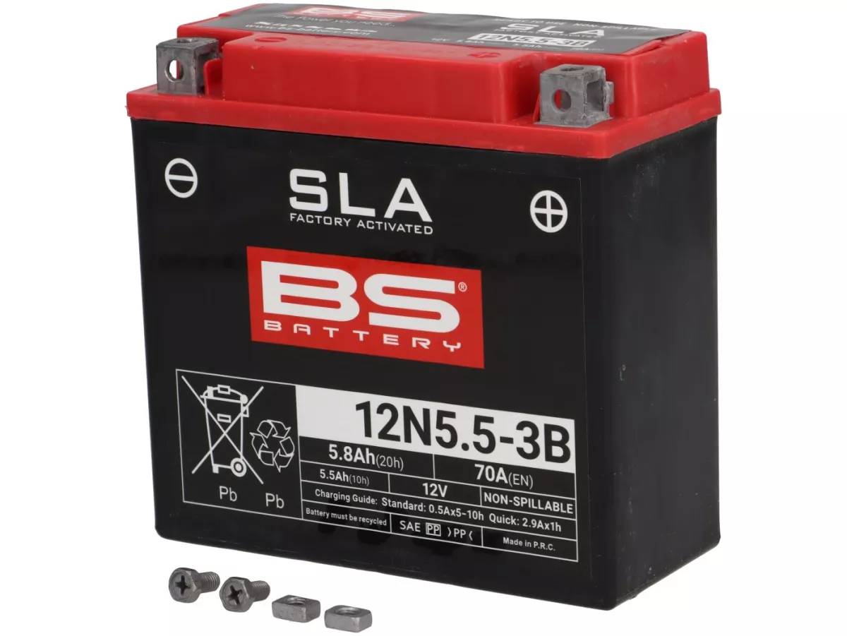Batería (SLA/Gel), sin mantenimiento -BS BATERÍA BB5L-B, 12N5-3B (sustituye a 12N5,5-3B), 12V, 5Ah (sustituye a 5,5Ah) 120x60x130mm - Vespa PX antigua (hasta 1984) - PX80, PX125, PX200, PK50 automática, TPH80