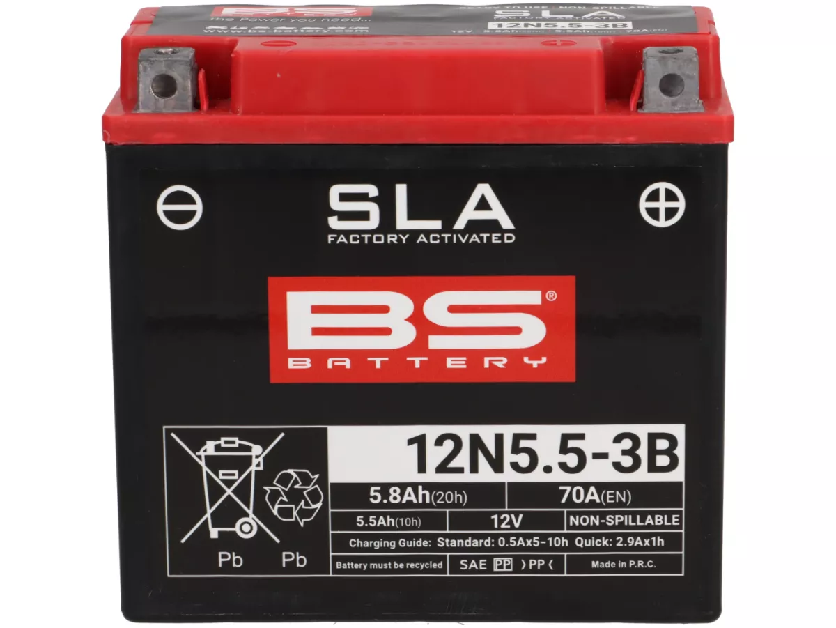 Batería (SLA/Gel), sin mantenimiento -BS BATERÍA BB5L-B, 12N5-3B (sustituye a 12N5,5-3B), 12V, 5Ah (sustituye a 5,5Ah) 120x60x130mm - Vespa PX antigua (hasta 1984) - PX80, PX125, PX200, PK50 automática, TPH80