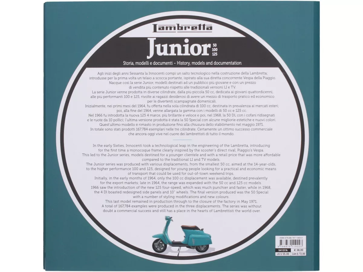 Livre -Lambretta Junior J50, J100, J125, history, models and documentation- de Vittorio Tessera (italien, anglais, 120 pages, en couleur)