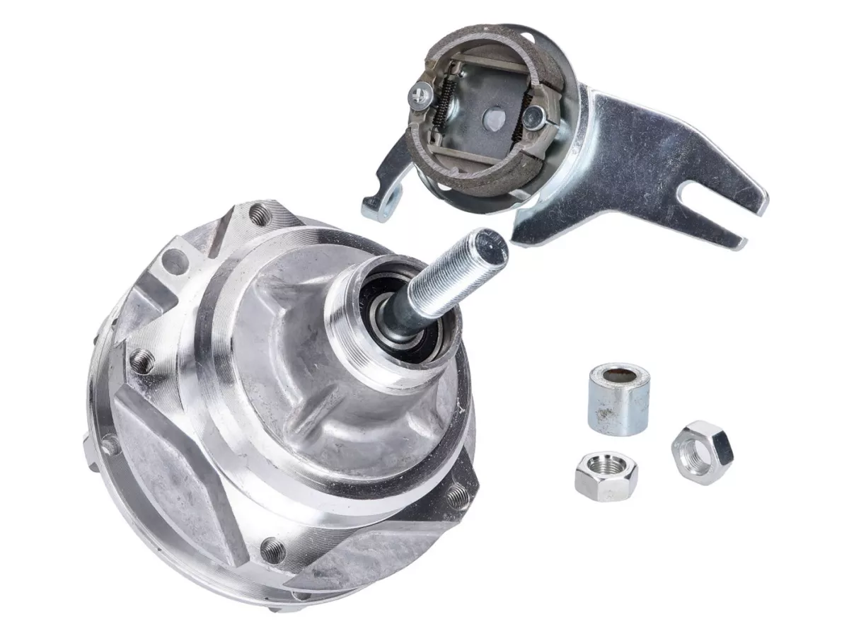 rear wheel hub complete w/ brake anchor plate and axle -101 OCTANE- for Puch Maxi, X30 w/ cast wheel