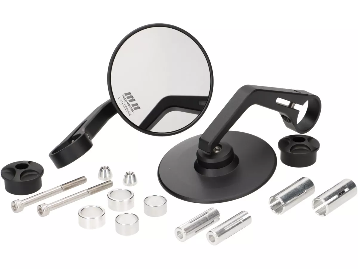 Spiegelset -MOTO NOSTRA 1407, aluminium CNC, Ø=95mm rond, stuuruiteinden- zwart mat