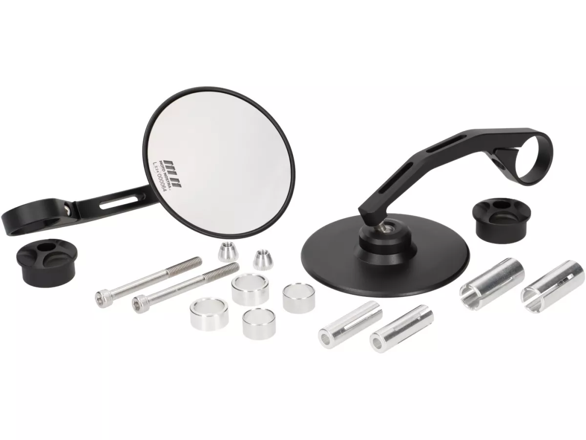 Spiegelset -MOTO NOSTRA 1408, aluminium CNC, Ø=95mm rond, stuuruiteinden- zwart mat
