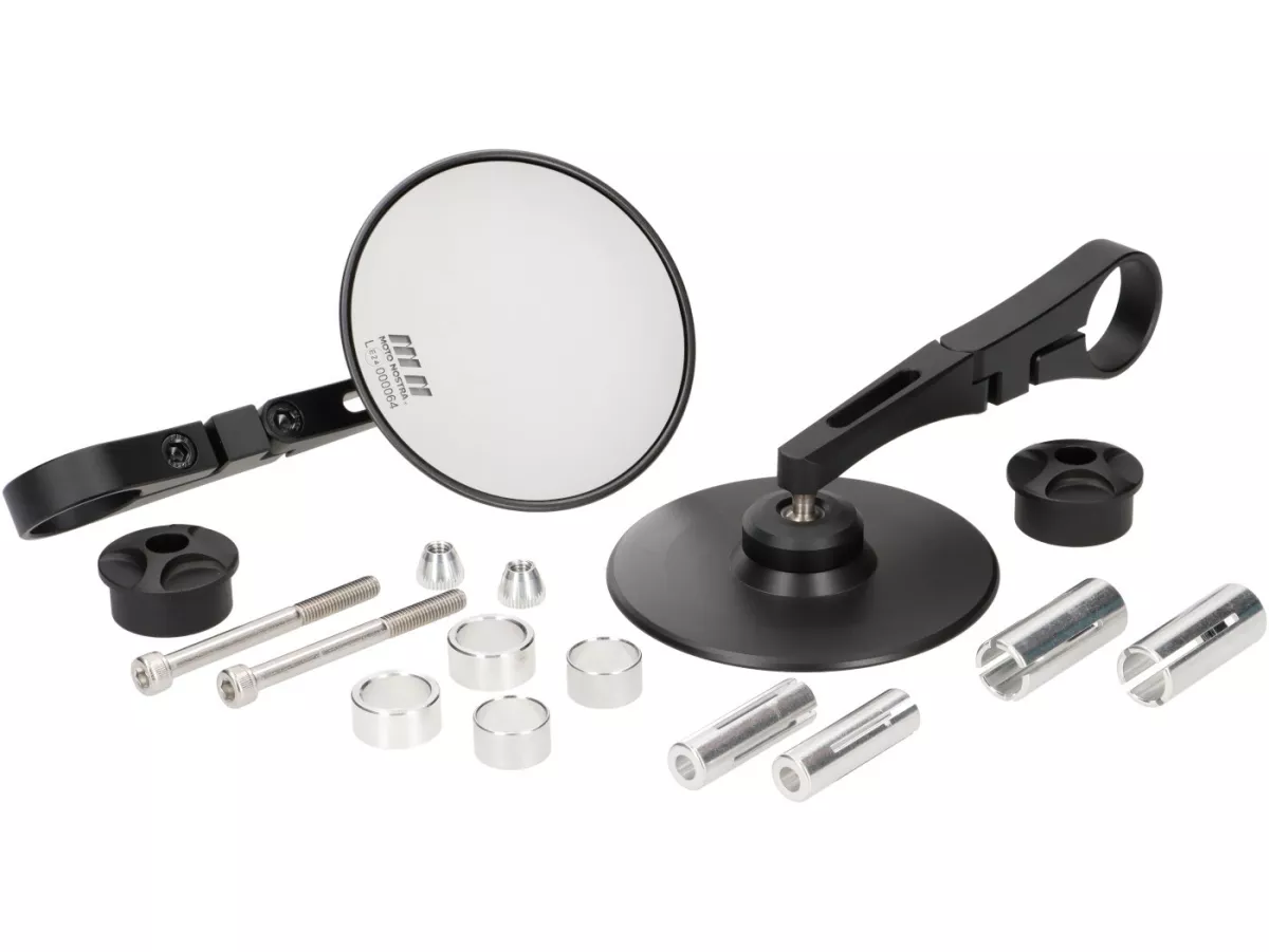 Spiegelset -MOTO NOSTRA 1409, aluminium CNC, Ø=95mm rond, stuuruiteinden- zwart mat