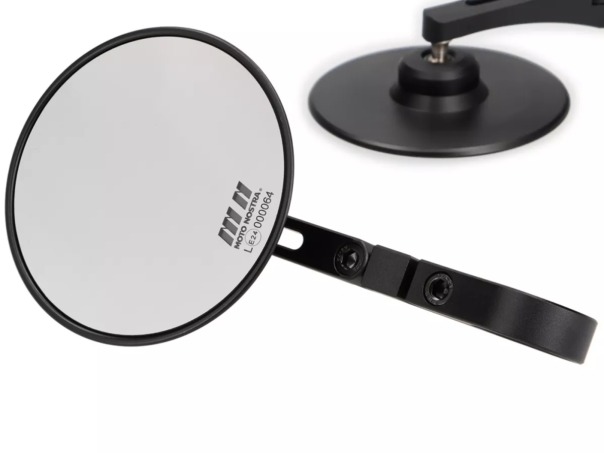 Spiegelset -MOTO NOSTRA 1409, aluminium CNC, Ø=95mm rond, stuuruiteinden- zwart mat