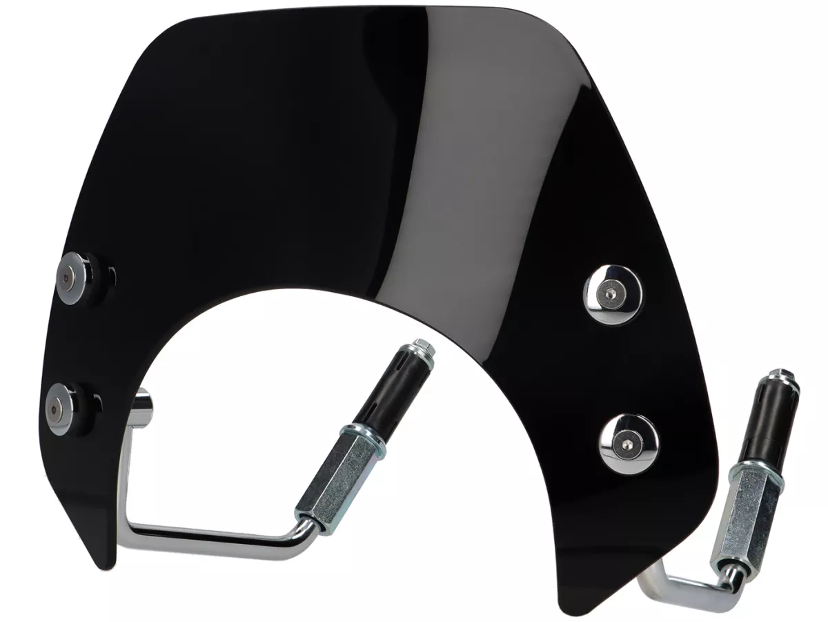 Flyscreen with chromed brackets -MOTO NOSTRA- w=293mm, h=101mm- Vespa GTS 125-310 Keyless - black tinted glass'