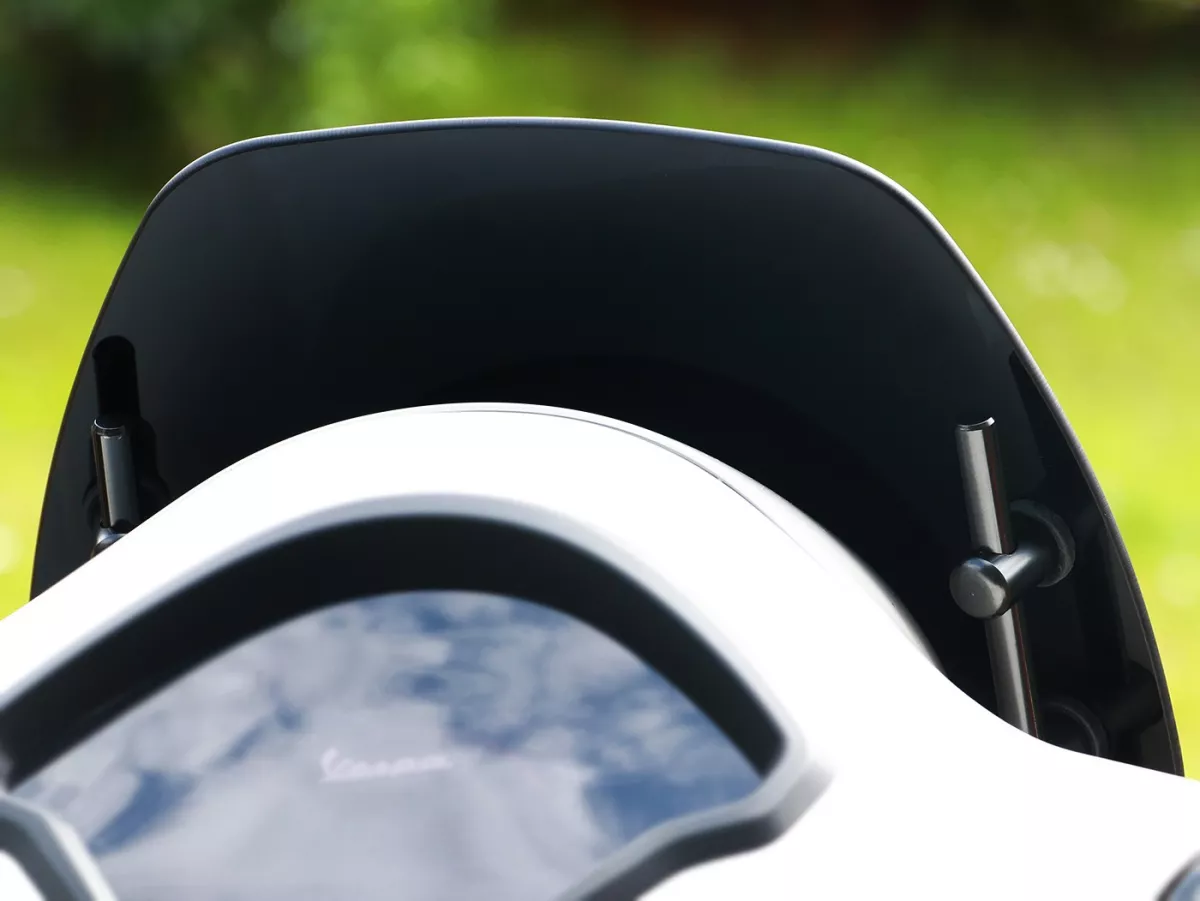 Flyscreen with chromed brackets -MOTO NOSTRA- w=293mm, h=101mm- Vespa GTS 125-310 Keyless - black tinted glass'